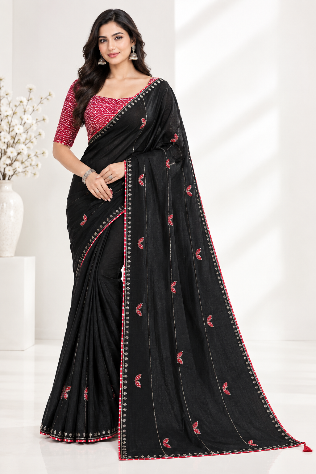 GORGEOUS BLACK SOFT CHINON SILK SAREE WITH RED BUTTERFLY MOTIFS & SIROSKI WORK