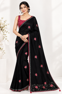 Elegant Black Soft Chinon Silk Saree with Red Lotus Motifs & Siroski Work