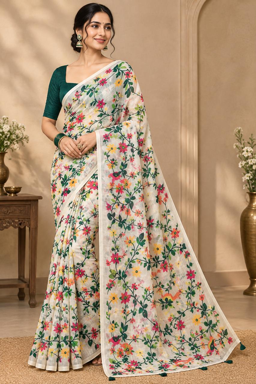 Graceful Off-White Linen Cotton Saree with Floral Floral Prints & Delicate Mirror Work