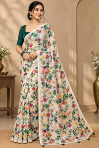 Graceful Off-White Linen Cotton Saree with Floral Floral Prints & Delicate Mirror Work