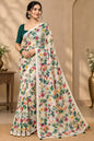 Graceful Off-White Linen Cotton Saree with Floral Floral Prints & Delicate Mirror Work