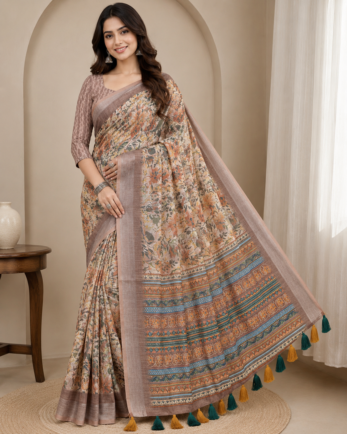 Is Beige & Brown Printed Linen Cotton Saree ke liye professional Titles, Description, aur Specifications:  Product Titles  Option 1 (Short & Catchy):  Floral Printed Linen Cotton Saree with Zari Border & Pallu Tassels