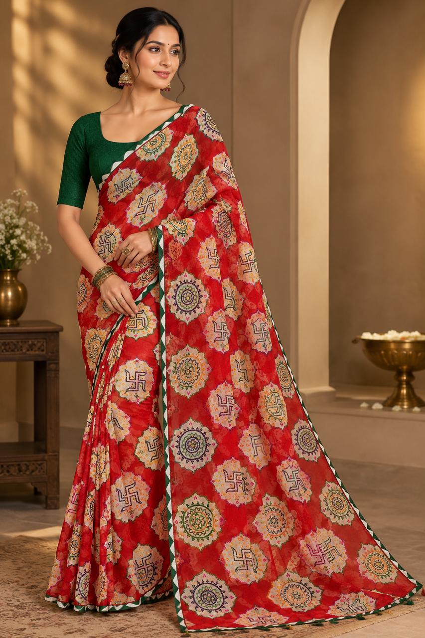 Elegant Red Soft Georgette Printed Saree with Contrast Green Border & Blouse