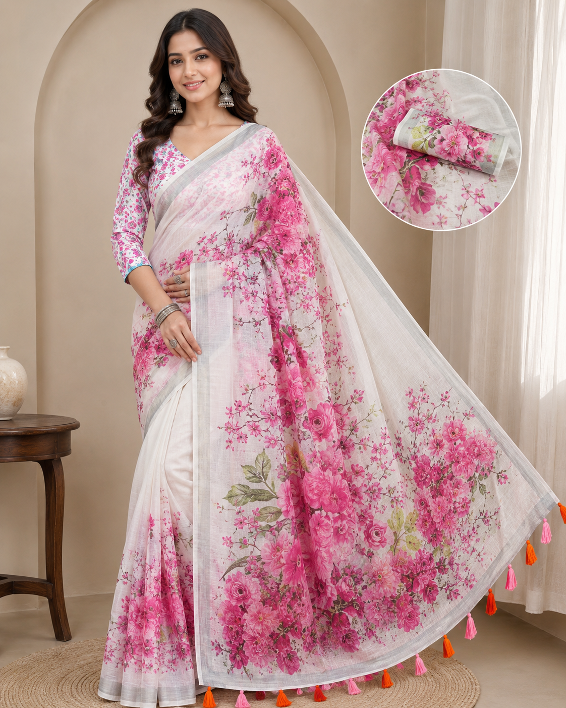 White & Pink Floral Printed Linen Cotton Saree with Zari Border & Pallu Tassels