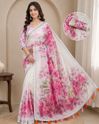 Party Wear Heavy Linen Cotton Designer Saree with Floral Digital Print, Printed Pallu & Tassel Latkans