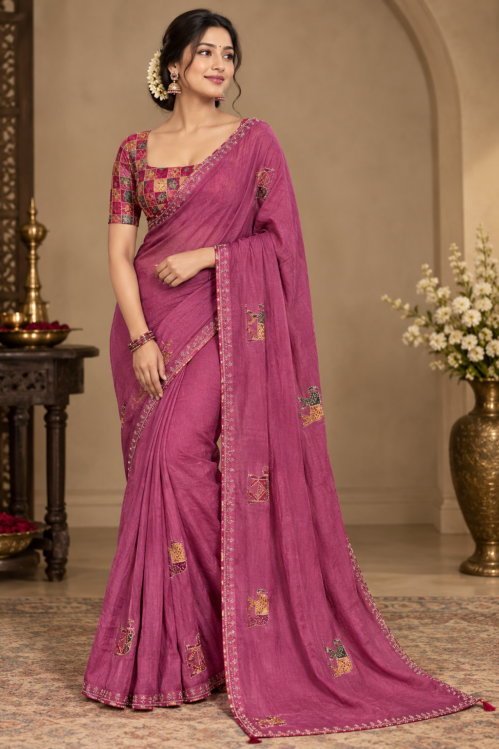 Vibrant Rani Pink Soft Chinon Silk Saree with Animal Motifs & Siroski Work