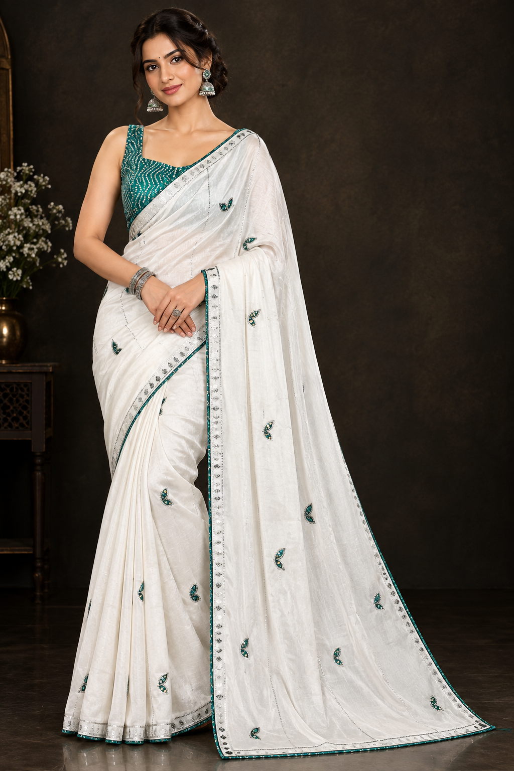 Elegant Off-White Soft Chinon Silk Saree with Teal Green Butterfly Motifs & Siroski Work
