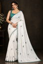 Elegant Off-White Soft Chinon Silk Saree with Teal Green Butterfly Motifs & Siroski Work