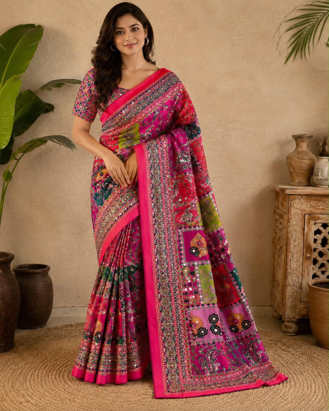 Multicolor Printed Chinon Silk Saree with Mirror Work & Pallu Tassels(Orange)