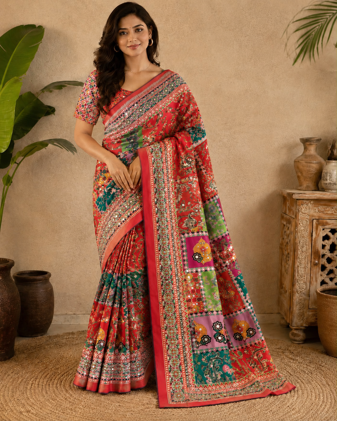 Multicolor Printed Chinon Silk Saree with Mirror Work & Pallu Tassels(Orange)