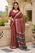 Maroon Block Print Linen Cotton Saree with Mirror Work & Pallu Tassels