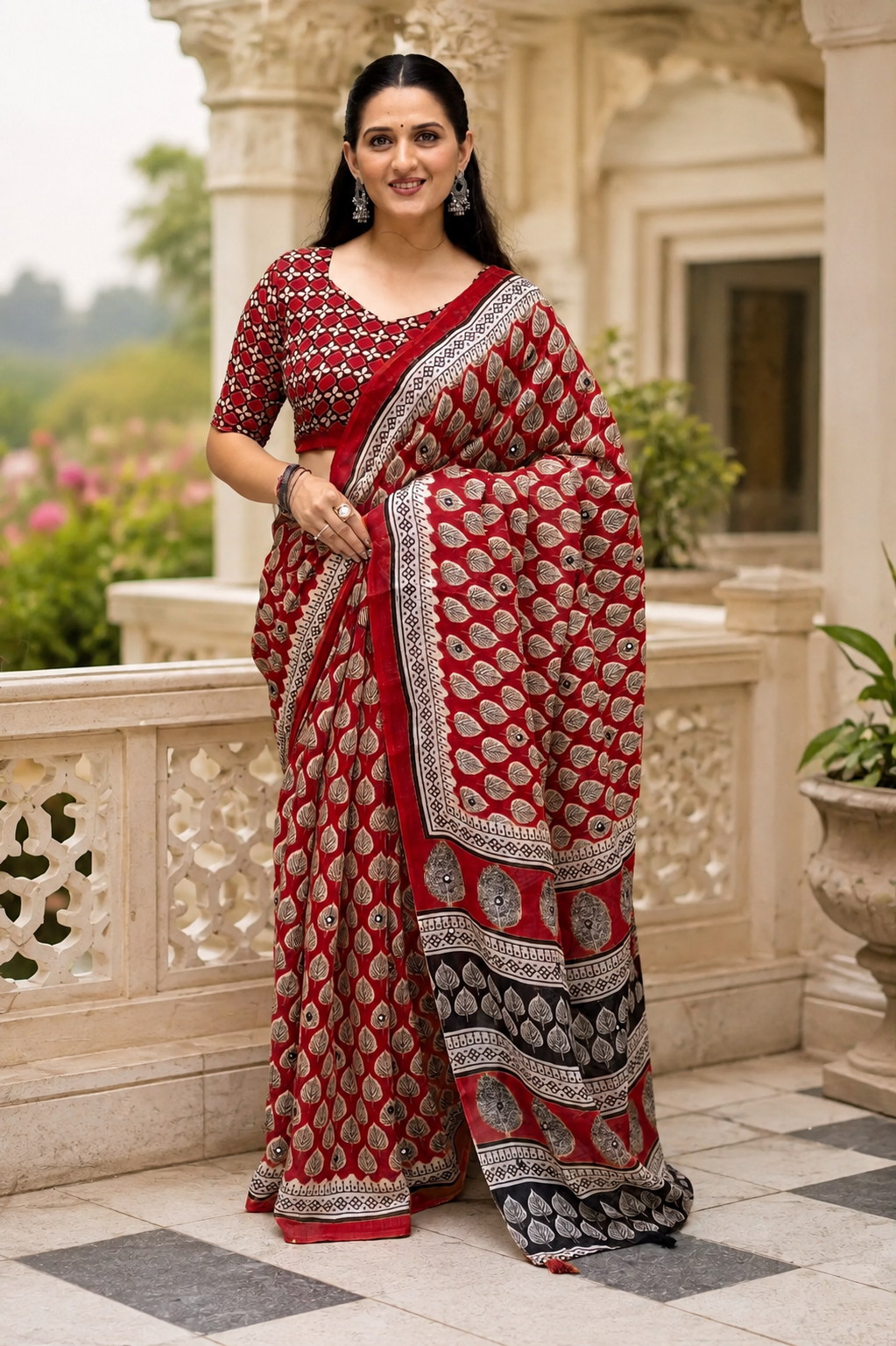 Maroon Block Print Linen Cotton Saree with Mirror Work & Pallu Tassels