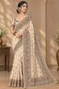 Elegant Beige Linen Cotton Saree with Traditional Floral & Peacock Kalamkari Printed Border