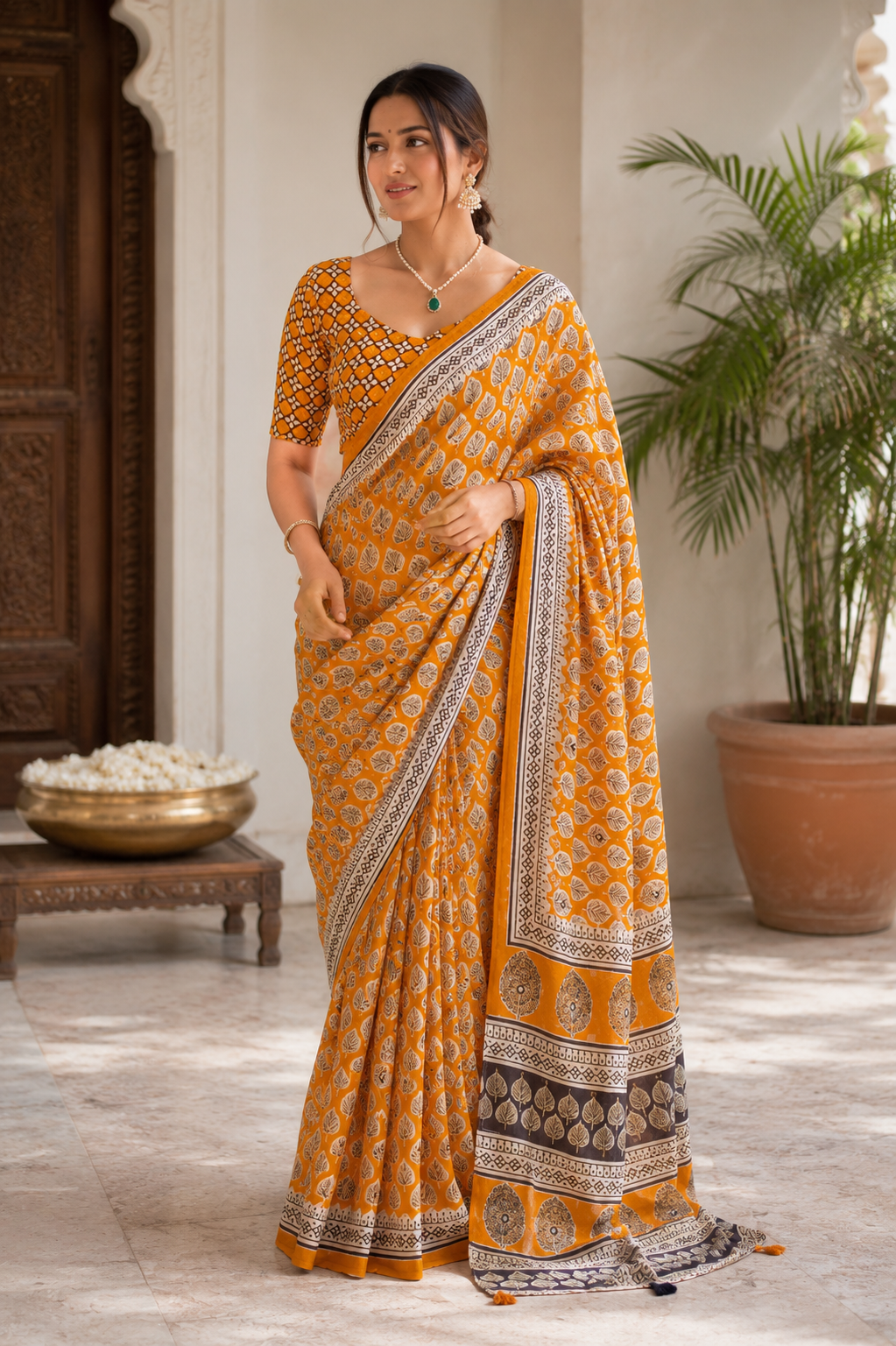 Vibrant Mustard Yellow Linen Cotton Block Print Saree with Mirror Work | Ethnic Festival & Casual Wear Saree