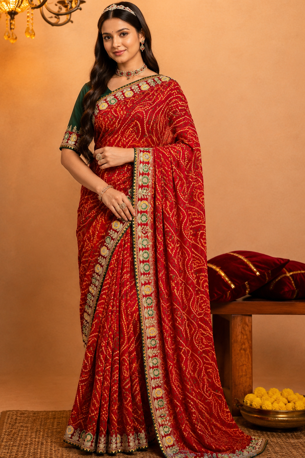Traditional Red Georgette Bandhej Printed Saree with Designer Embroidered Border