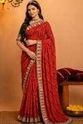 Traditional Red Georgette Bandhej Printed Saree with Designer Embroidered Border