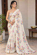 Elegant Cream Linen Cotton Saree - Beautiful Hand-painted Leaves & Delicate Mirror Work