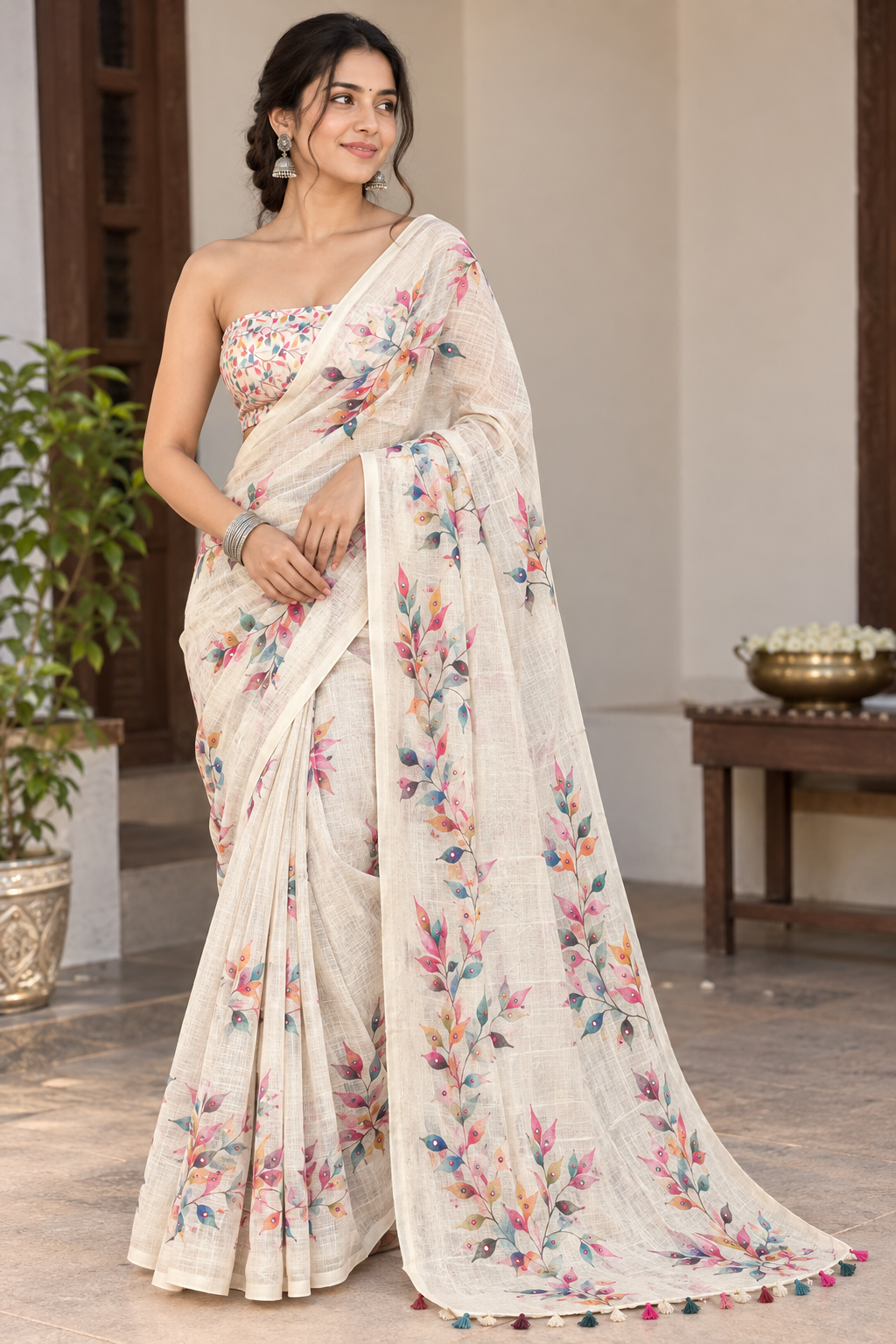 Elegant Cream Linen Cotton Saree - Beautiful Hand-painted Leaves & Delicate Mirror Work