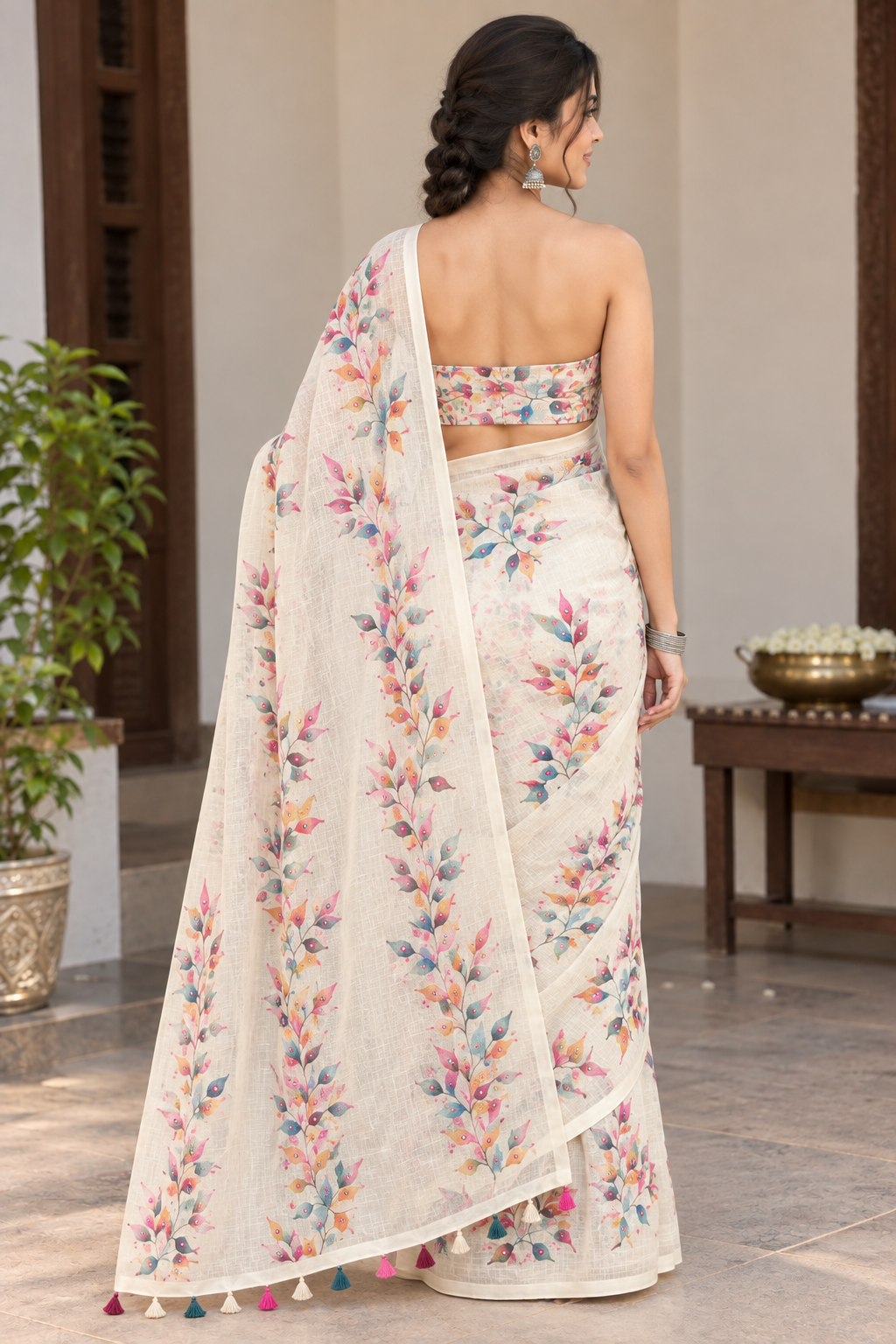Elegant Cream Linen Cotton Saree - Beautiful Hand-painted Leaves & Delicate Mirror Work