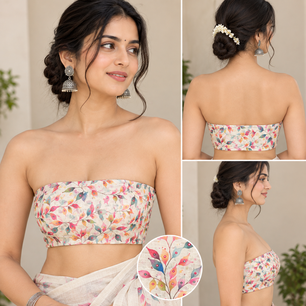 Elegant Cream Linen Cotton Saree - Beautiful Hand-painted Leaves & Delicate Mirror Work