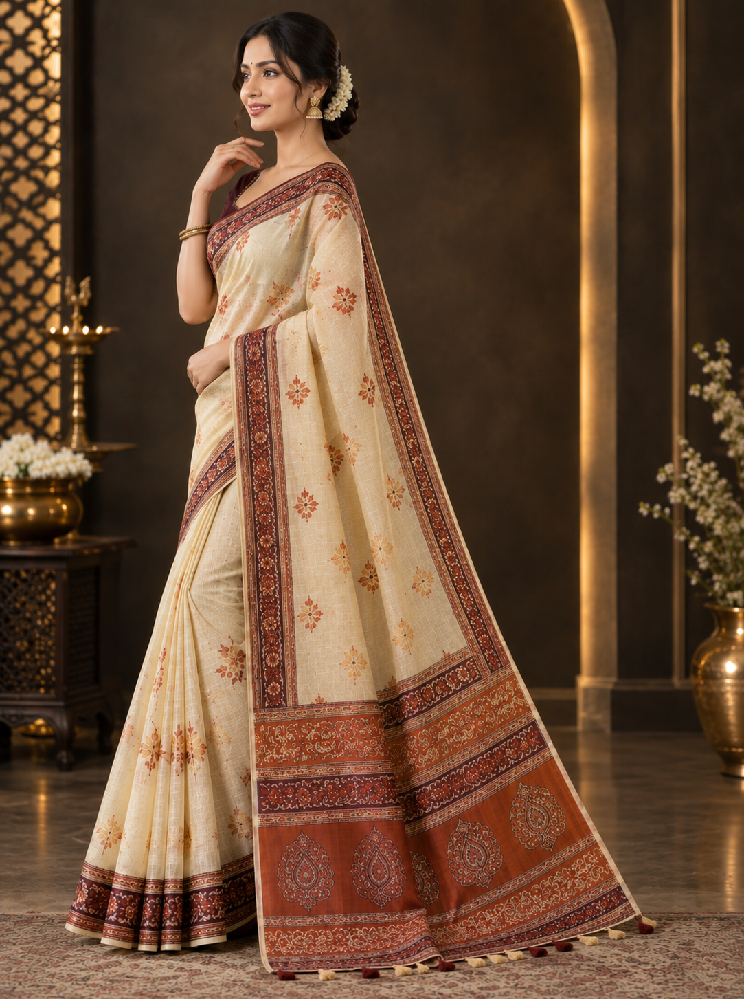 Elegant Off-White & Maroon Heavy Linen Cotton Saree with Traditional Printed Border