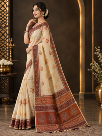 Elegant Off-White & Maroon Heavy Linen Cotton Saree with Traditional Printed Border