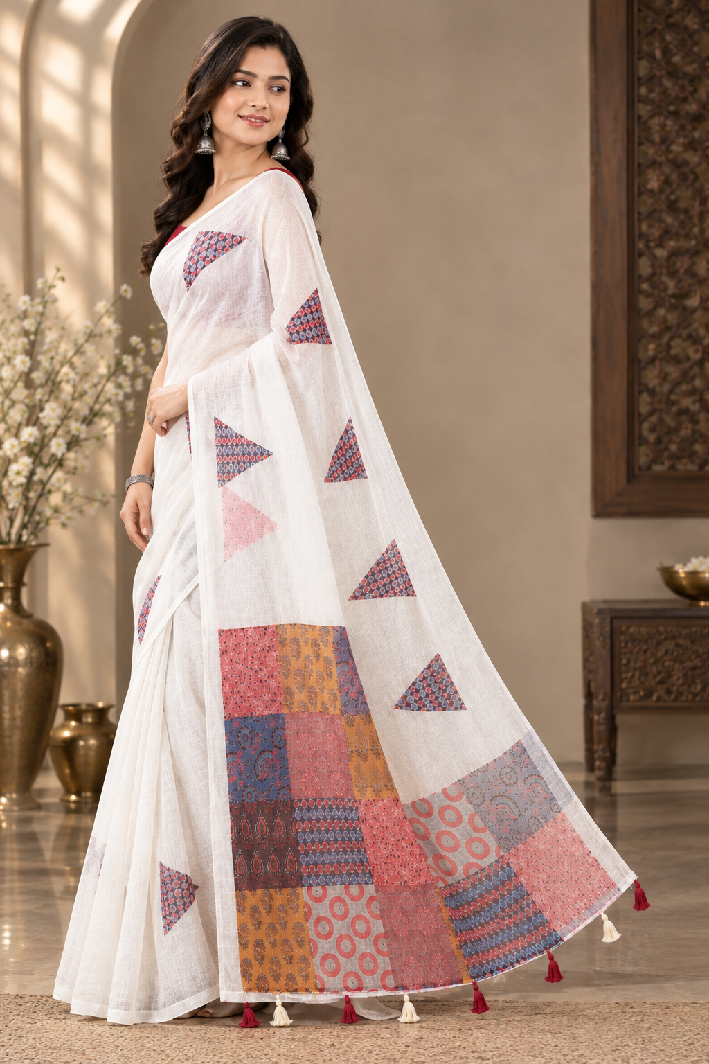 Elegant Pure White Heavy Linen Cotton Saree with Patchwork Printed Pallu & Geometric Accents