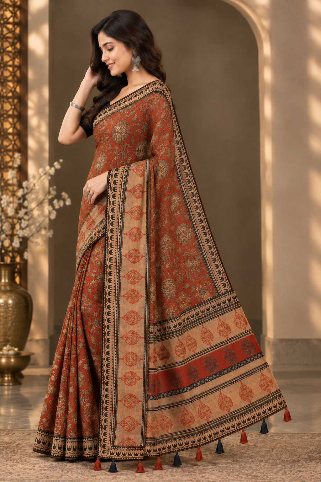 Ethnic Rust Brown Heavy Linen Cotton Saree with Kalamkari Printed Motif & Contrast Border