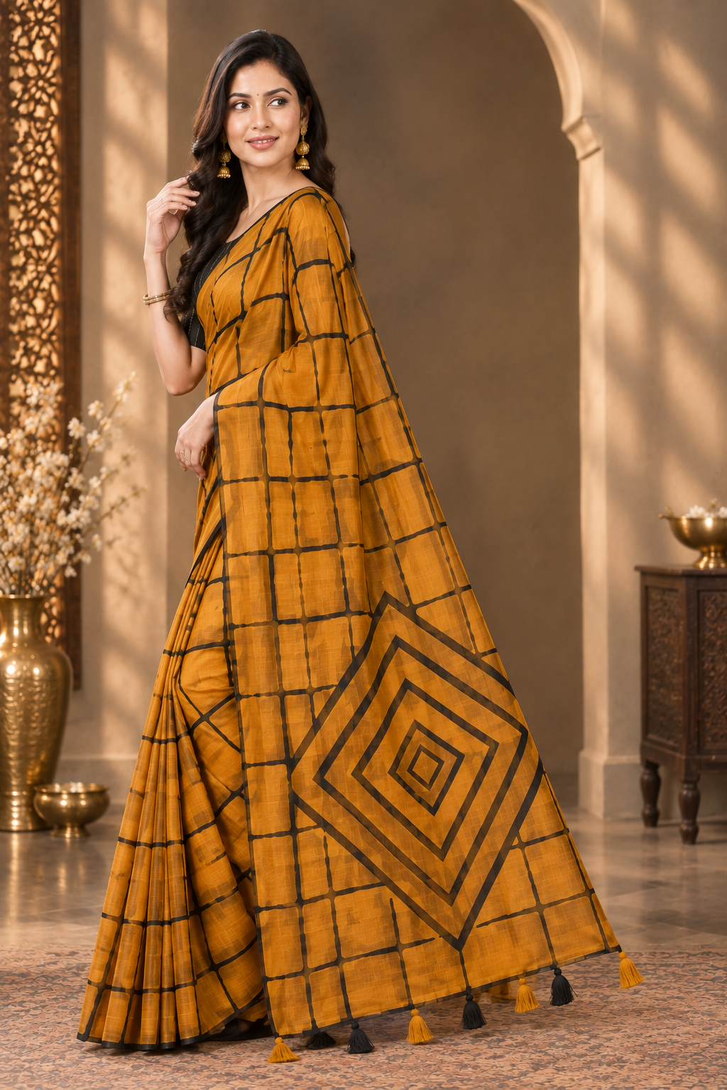 Contemporary Mustard Yellow Heavy Linen Cotton Saree with Geometric Check Pattern