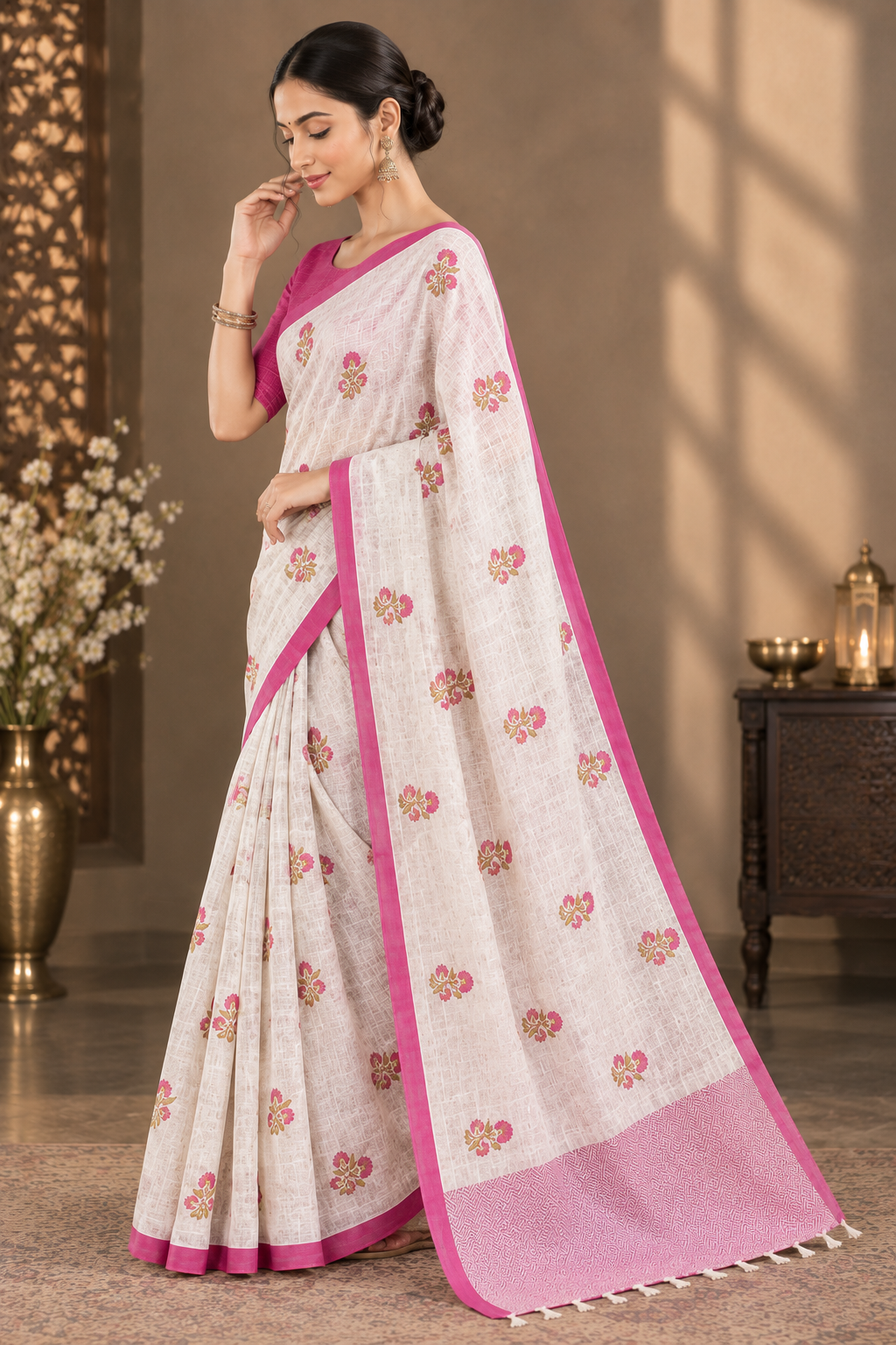 Graceful Off-White & Pink Heavy Linen Cotton Saree with Floral Printed Motifs