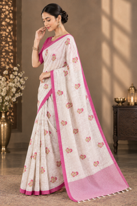Graceful Off-White & Pink Heavy Linen Cotton Saree with Floral Printed Motifs