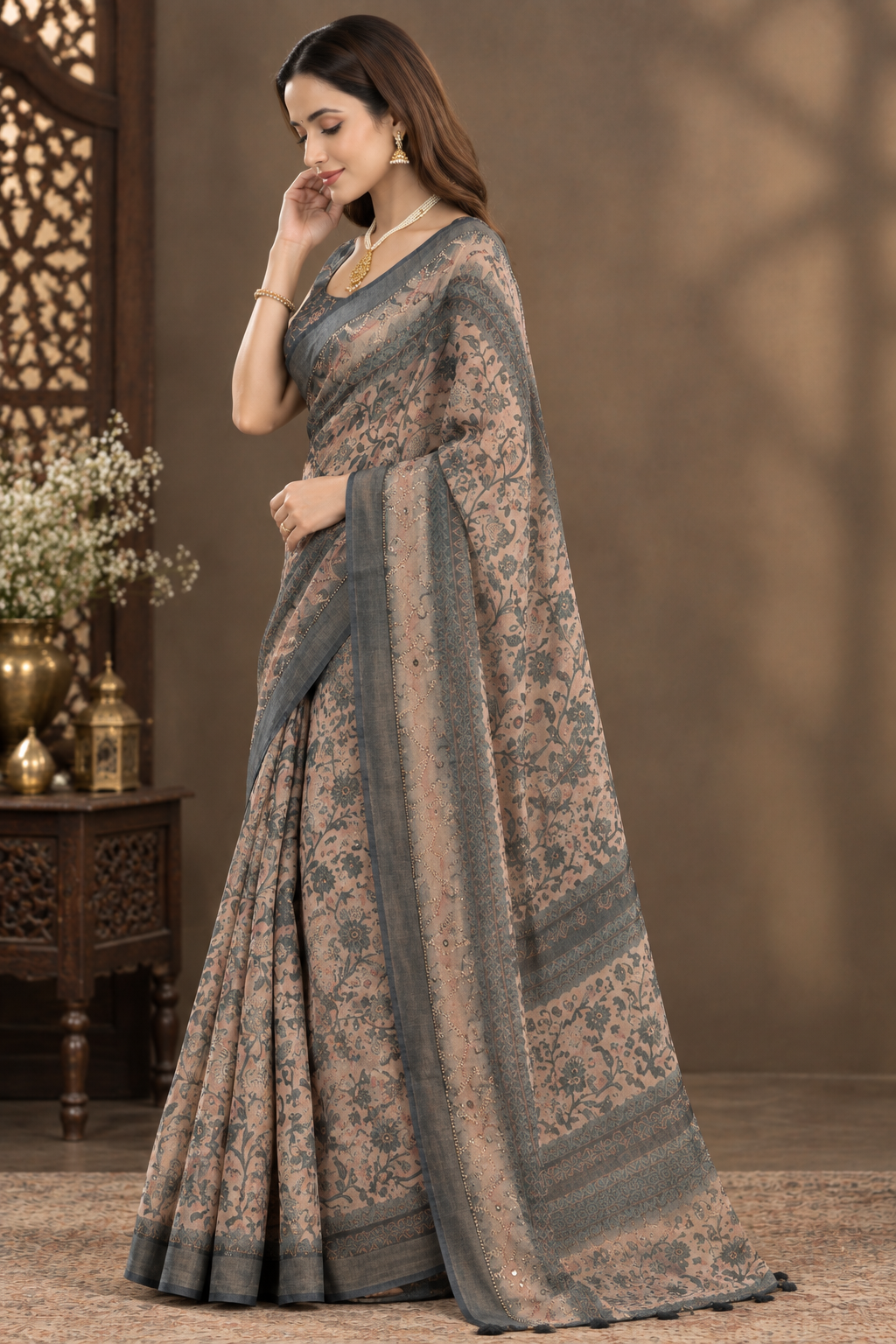 Sophisticated Grey & Beige Heavy Linen Cotton Saree with Kalamkari Printed Work
