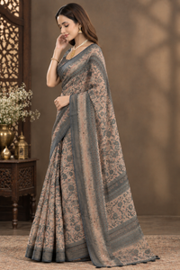 Sophisticated Grey & Beige Heavy Linen Cotton Saree with Kalamkari Printed Work