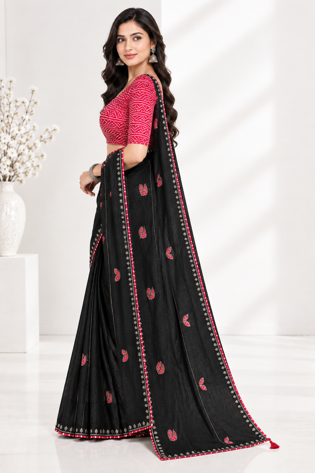 GORGEOUS BLACK SOFT CHINON SILK SAREE WITH RED BUTTERFLY MOTIFS & SIROSKI WORK