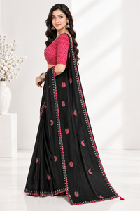 GORGEOUS BLACK SOFT CHINON SILK SAREE WITH RED BUTTERFLY MOTIFS & SIROSKI WORK