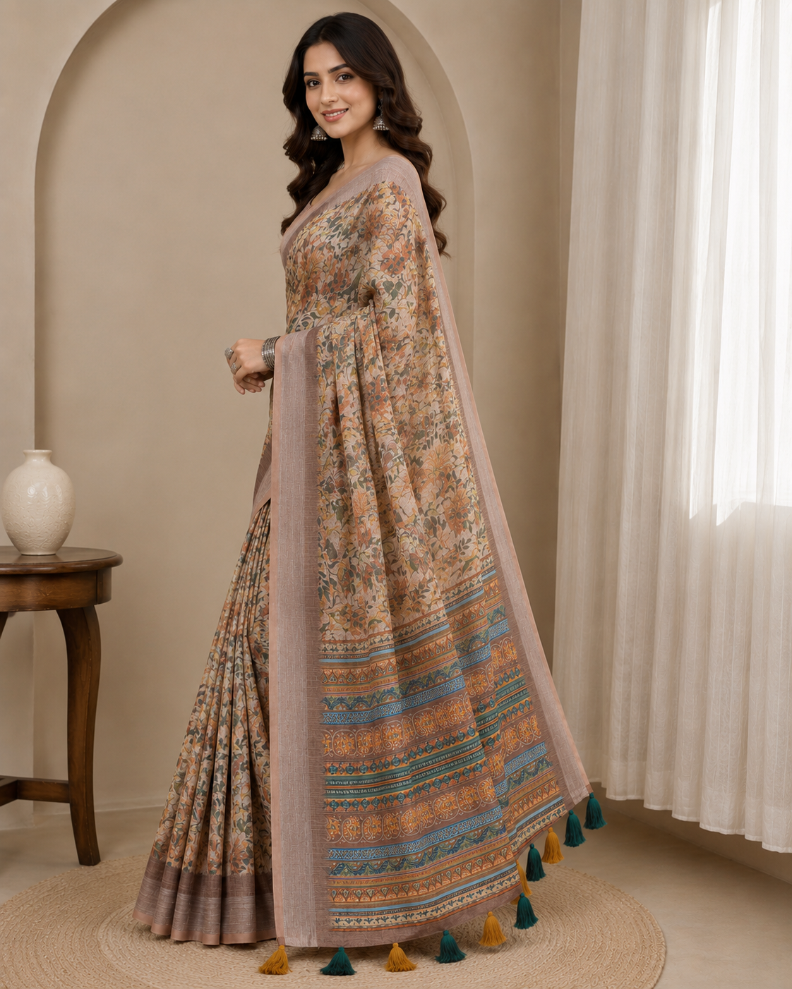 Is Beige & Brown Printed Linen Cotton Saree ke liye professional Titles, Description, aur Specifications:  Product Titles  Option 1 (Short & Catchy):  Floral Printed Linen Cotton Saree with Zari Border & Pallu Tassels