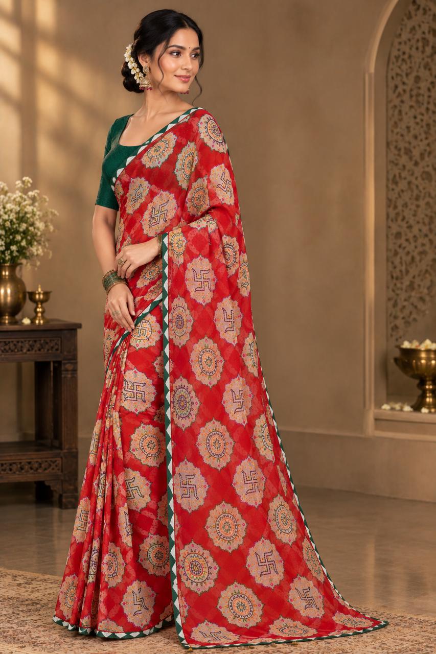 Elegant Red Soft Georgette Printed Saree with Contrast Green Border & Blouse