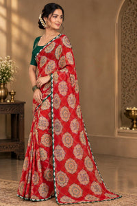 Elegant Red Soft Georgette Printed Saree with Contrast Green Border & Blouse