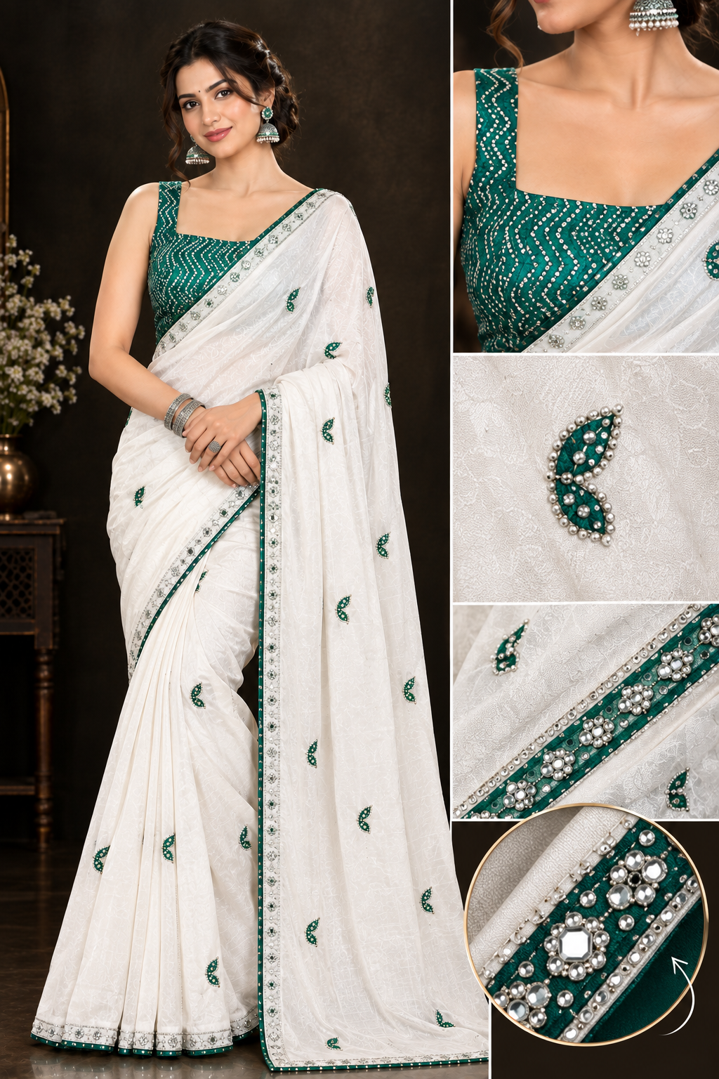 Elegant Off-White Soft Chinon Silk Saree with Teal Green Butterfly Motifs & Siroski Work