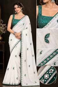 Elegant Off-White Soft Chinon Silk Saree with Teal Green Butterfly Motifs & Siroski Work