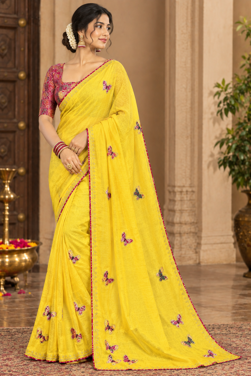Yellow Butterfly Embroidered Saree with Printed Contrast Blouse