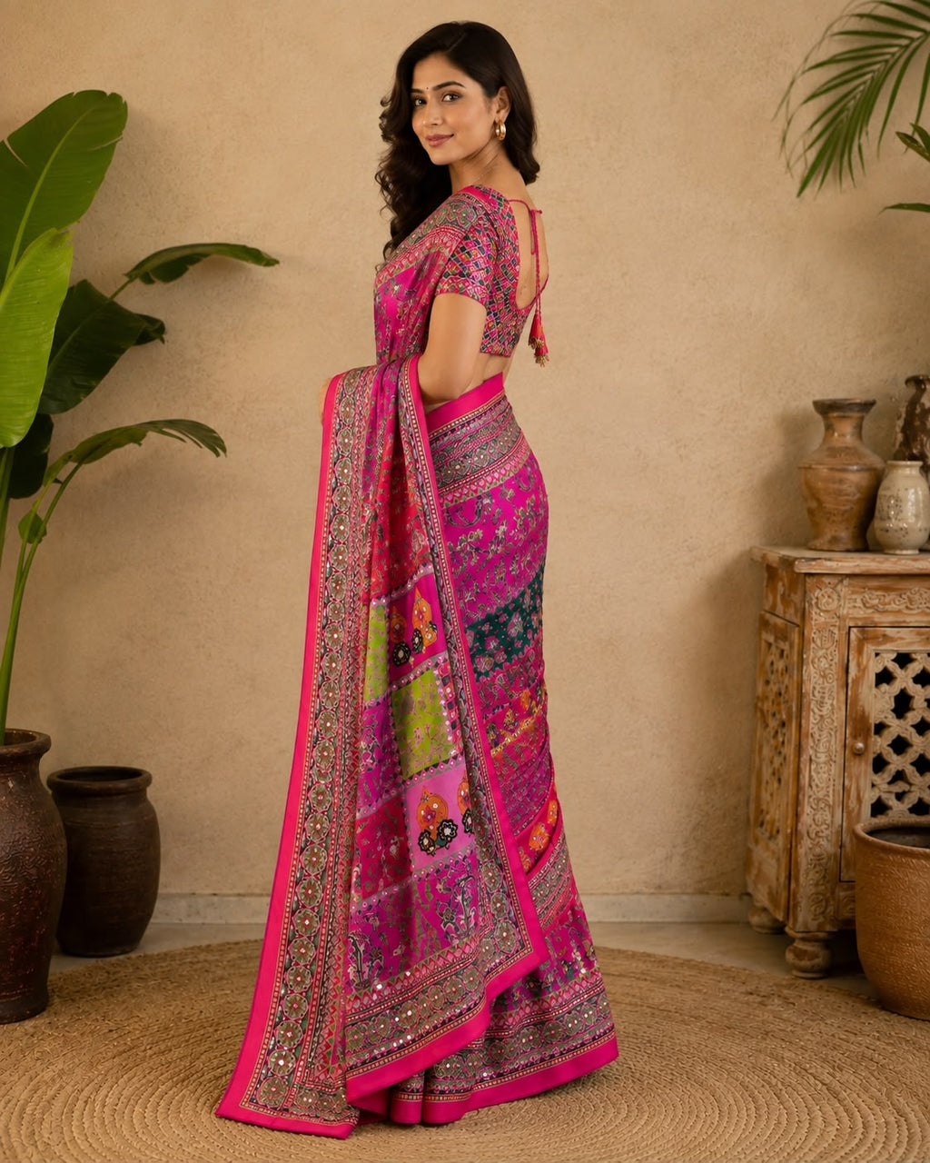 Multicolor Printed Chinon Silk Saree with Mirror Work & Pallu Tassels(Orange)