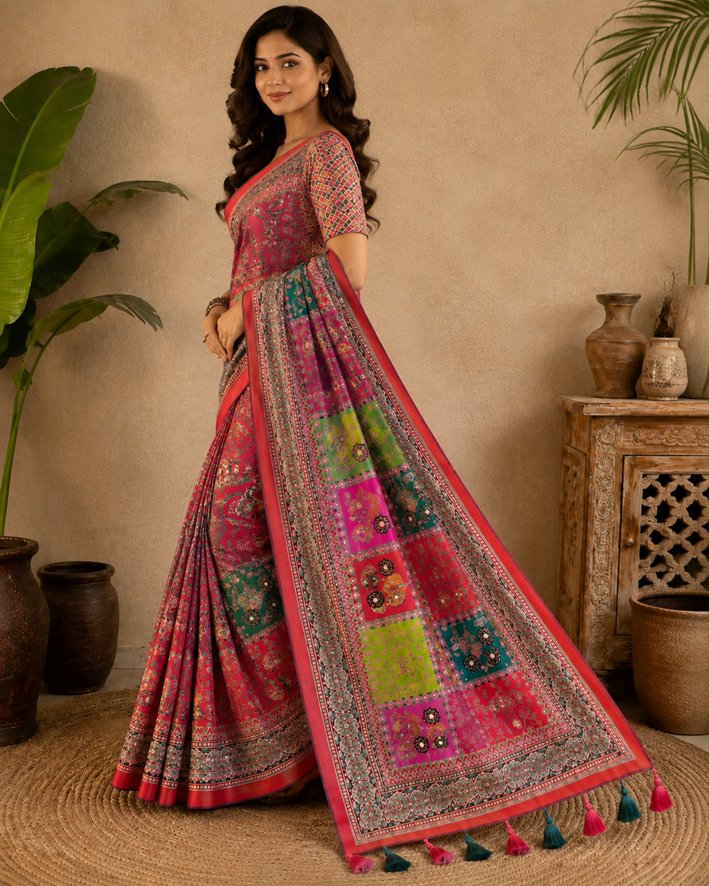 Multicolor Printed Chinon Silk Saree with Mirror Work & Pallu Tassels(Orange)