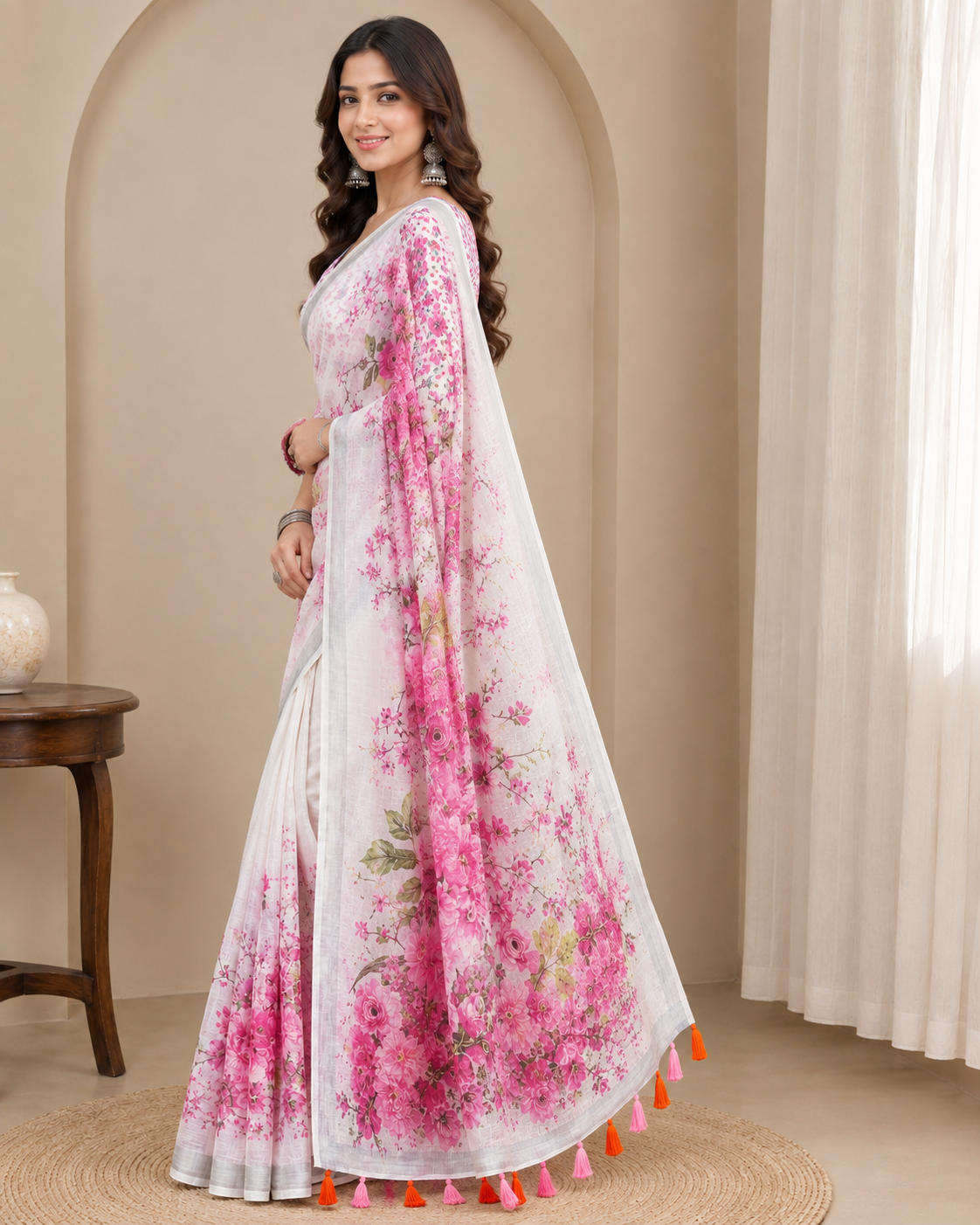 Party Wear Heavy Linen Cotton Designer Saree with Floral Digital Print, Printed Pallu & Tassel Latkans