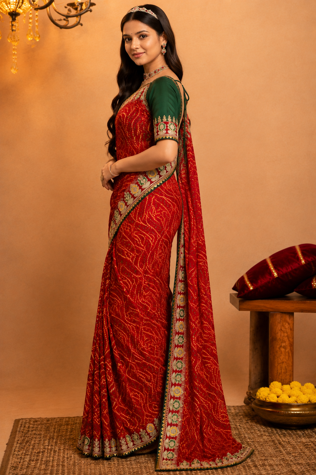 Traditional Red Georgette Bandhej Printed Saree with Designer Embroidered Border