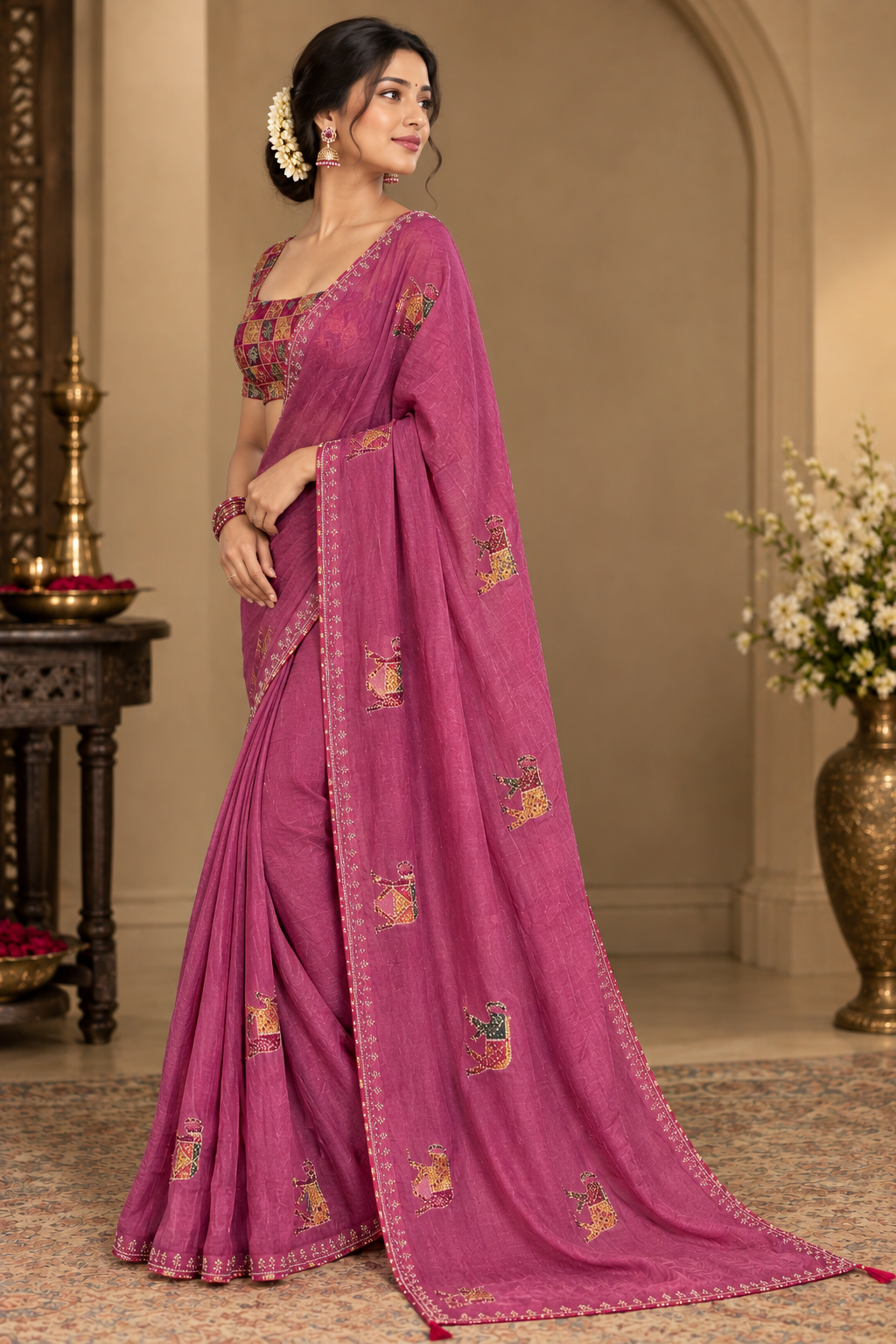 Vibrant Rani Pink Soft Chinon Silk Saree with Animal Motifs & Siroski Work