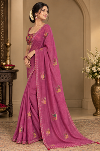 Vibrant Rani Pink Soft Chinon Silk Saree with Animal Motifs & Siroski Work