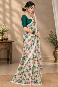 Graceful Off-White Linen Cotton Saree with Floral Floral Prints & Delicate Mirror Work