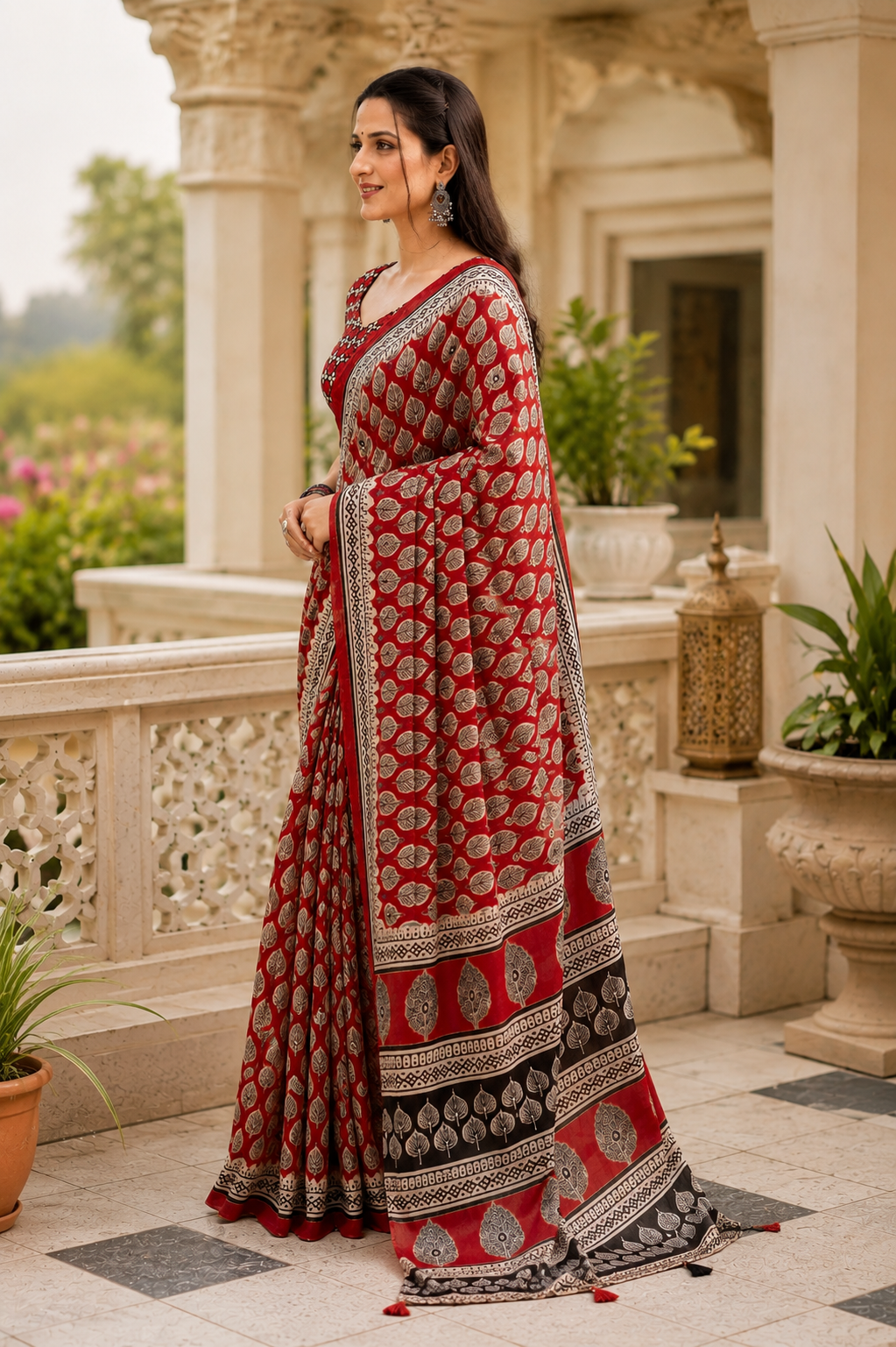 Maroon Block Print Linen Cotton Saree with Mirror Work & Pallu Tassels