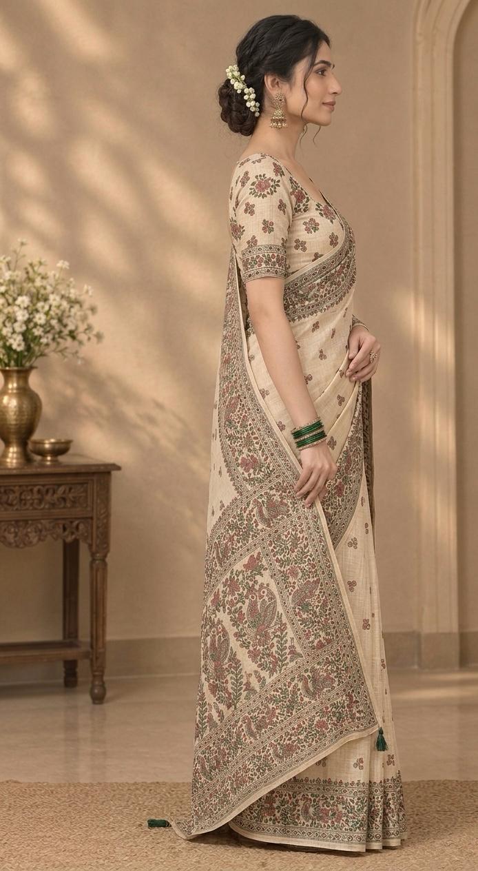 Elegant Beige Linen Cotton Saree with Traditional Floral & Peacock Kalamkari Printed Border